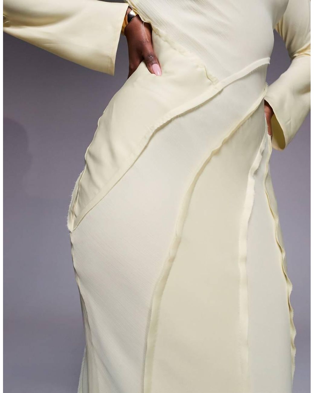 ASOS White Satin Slash Neck Long Sleeve Maxi Dress With Raw Edge Panel Detail