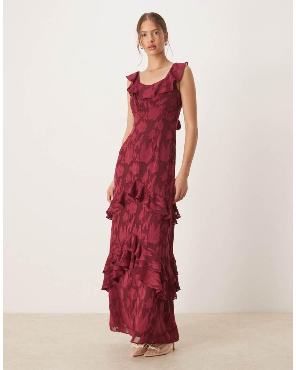 ANAYA Red Floral Burnout Ruffle Maxi Dress