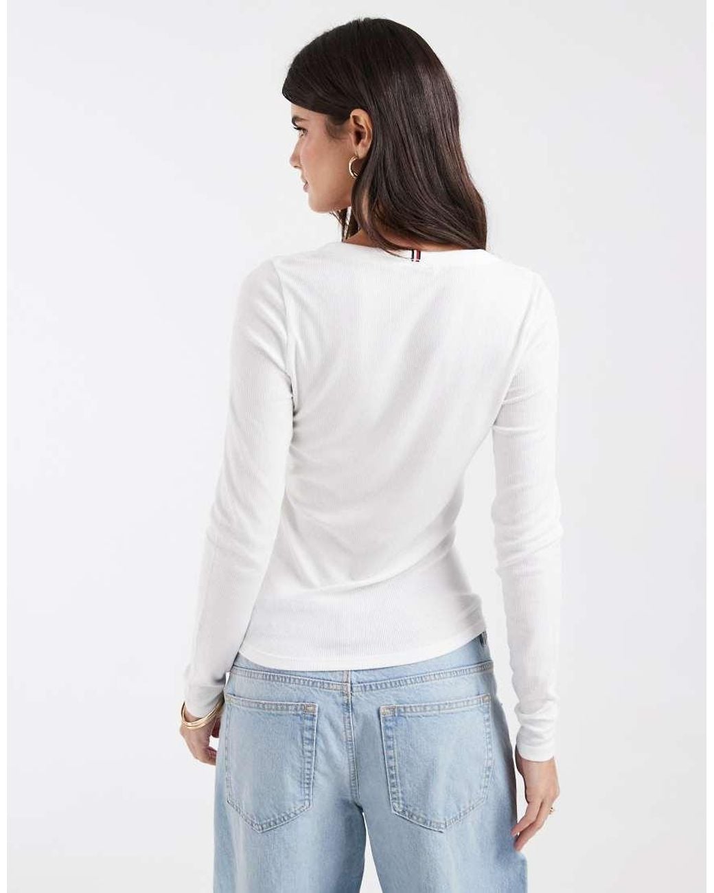 Tommy Hilfiger White Flag Logo Henley V-neck Long Sleeve T-shirt