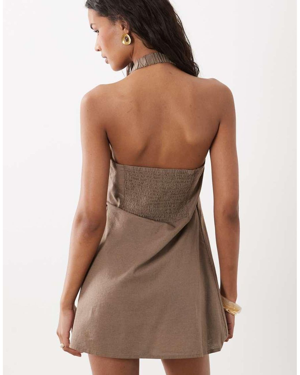 ASOS Brown Cotton Linen Halter Neck Wrap Mini Sundress