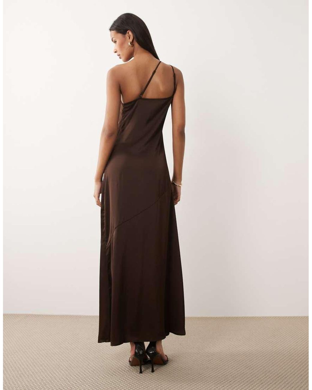 Vila Brown One Shoulder Strap Detail Satin Maxi Dress