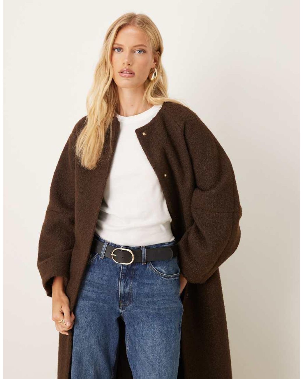 ASOS Brown Collarless Boucle Longline Formal Coat