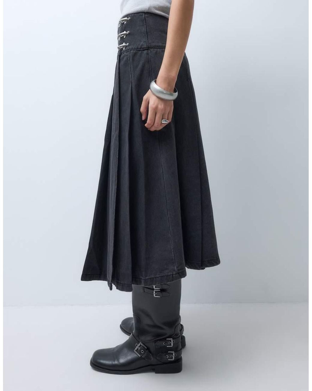 The Ragged Priest Blue Denim Kilt Midi Skirt