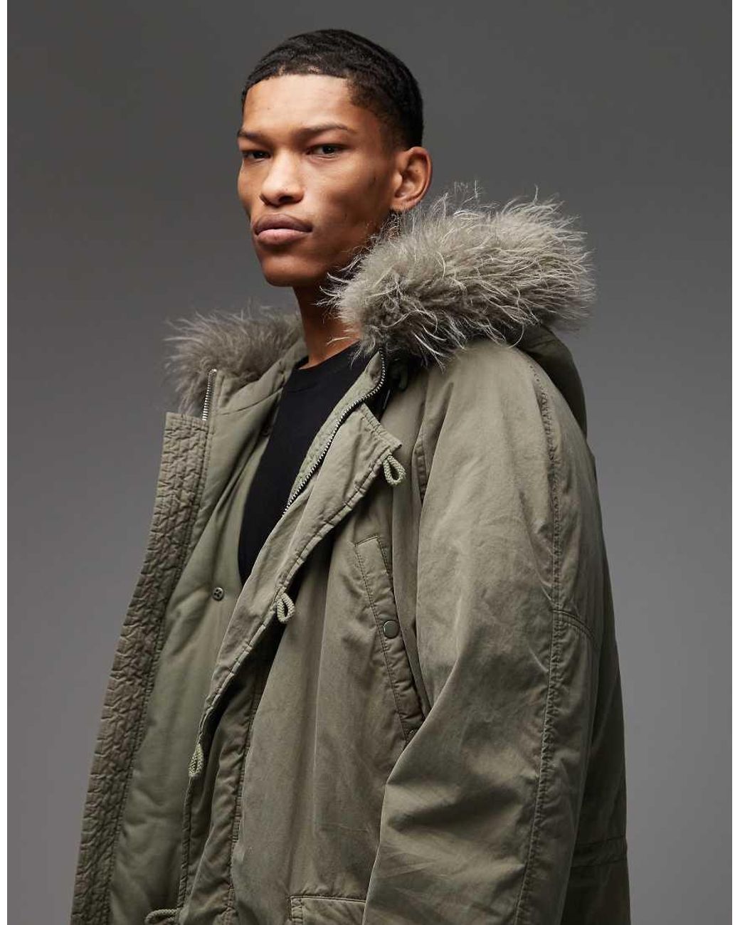 Collusion Gray Faux Fur Lined Longline Parka for men
