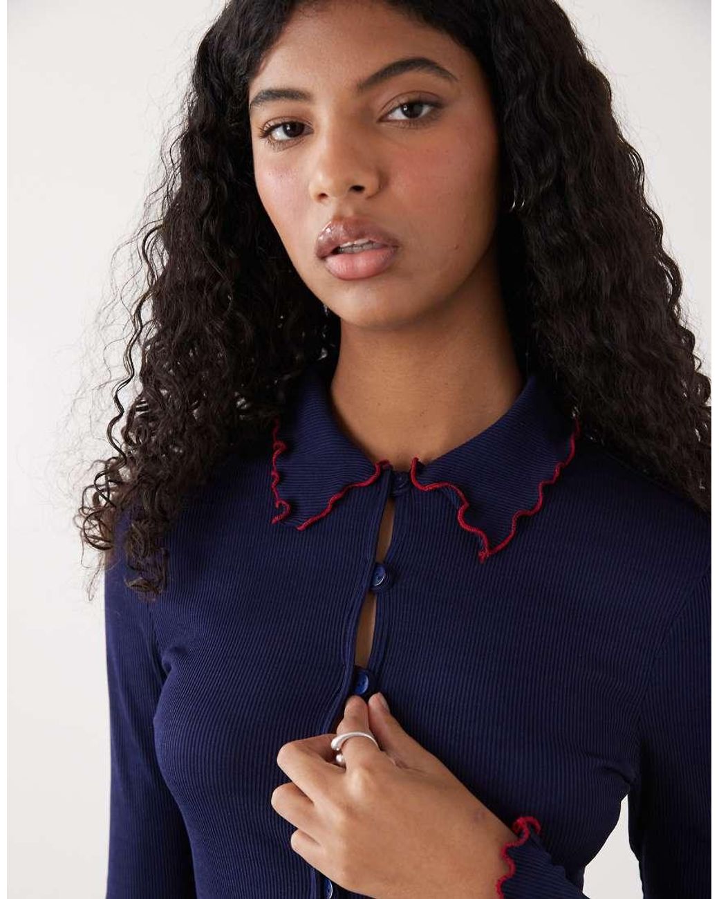 Reclaimed (vintage) Blue Rib Collar Cardi With Contrast Lettuce Edge