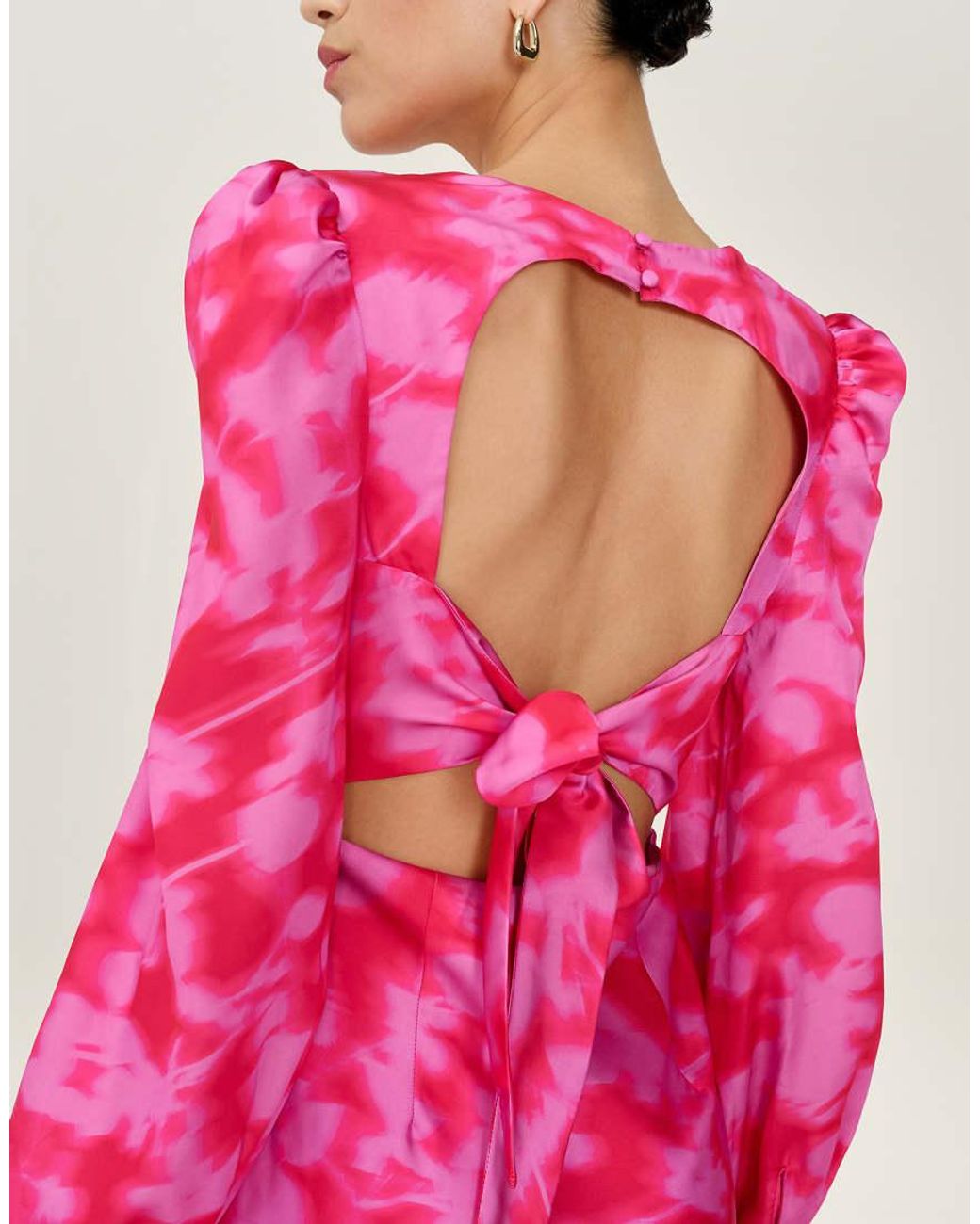 OMNES Pink Dresses Francoise Long Sleeve Floral Satin Midi Dress With Open Back