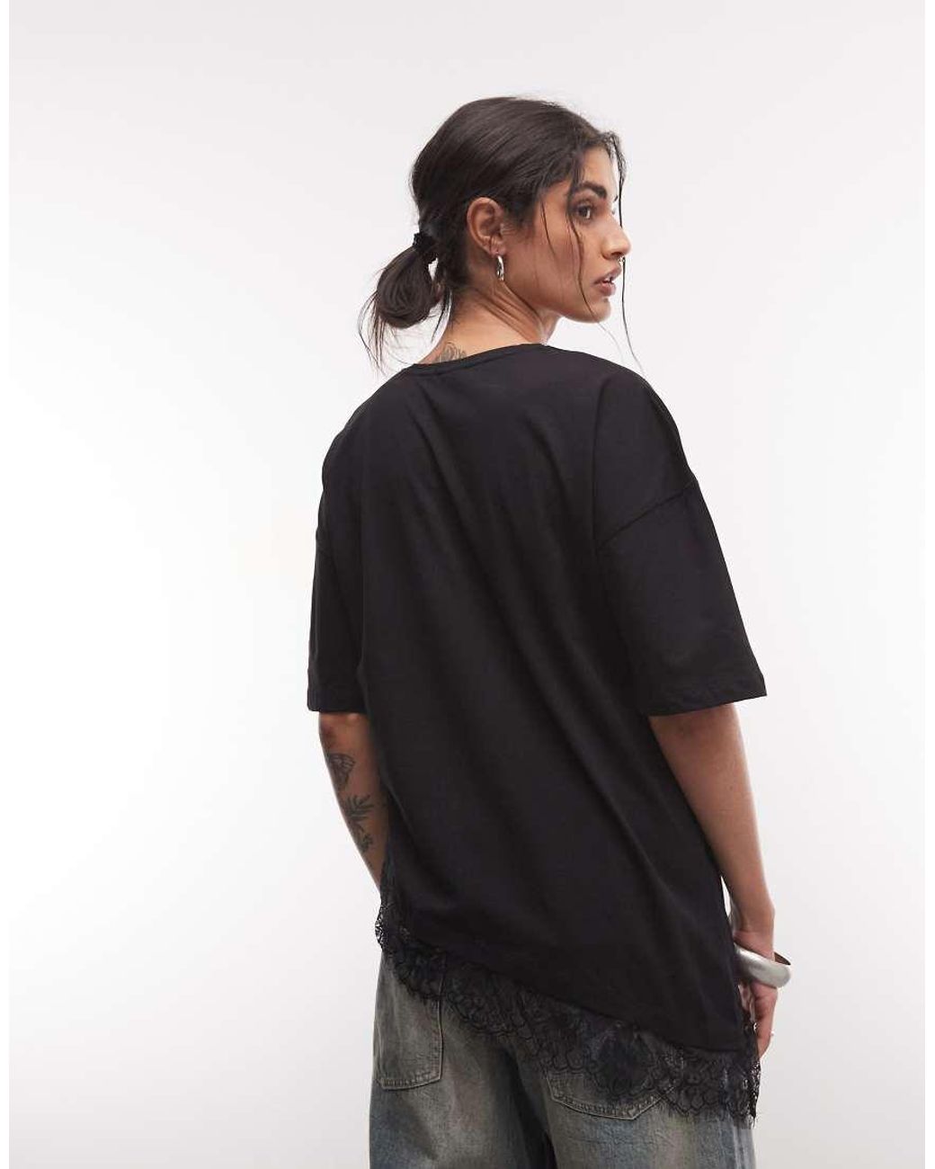 Noisy May Black Asymmetric Lace Hem T-shirt