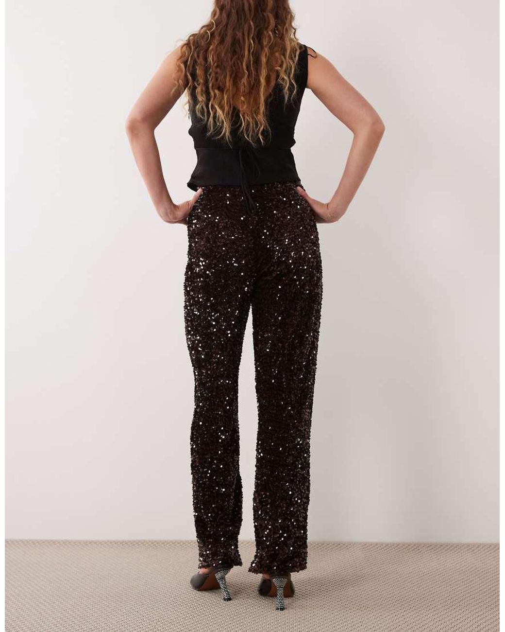 Pieces Black Wide Leg Velour Sequin Trousers