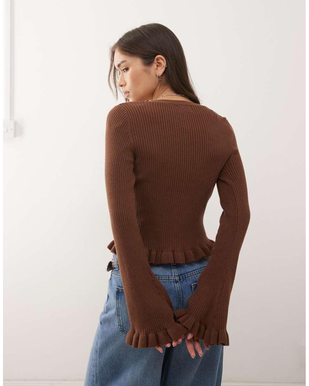 Monki Blue Fluted Sleeve Frill Cardigan