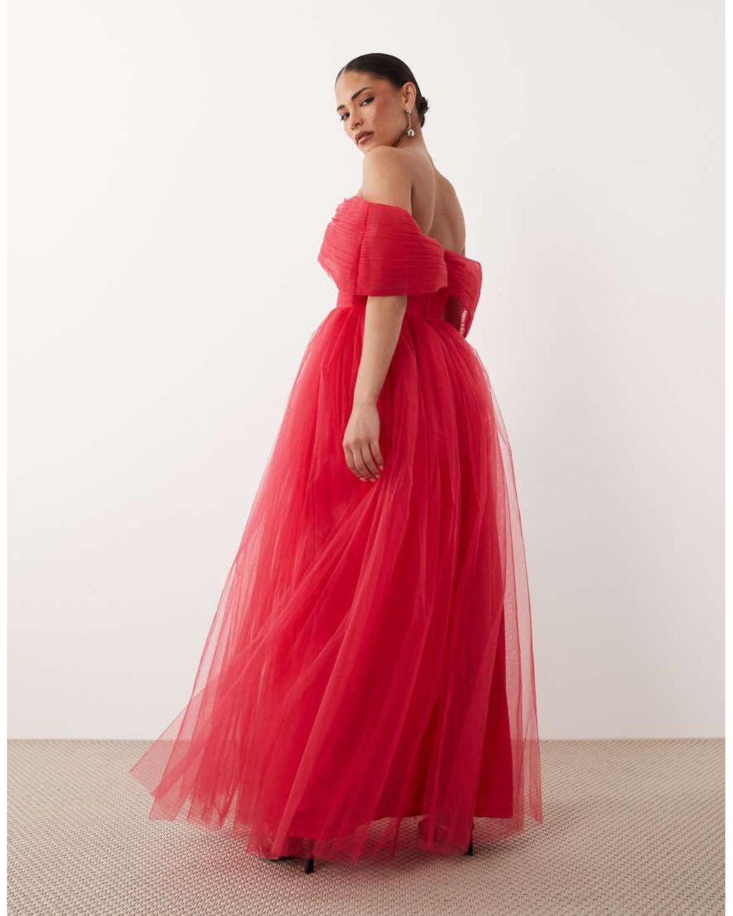 LACE & BEADS Red Off Shoulder Tulle Maxi Dress