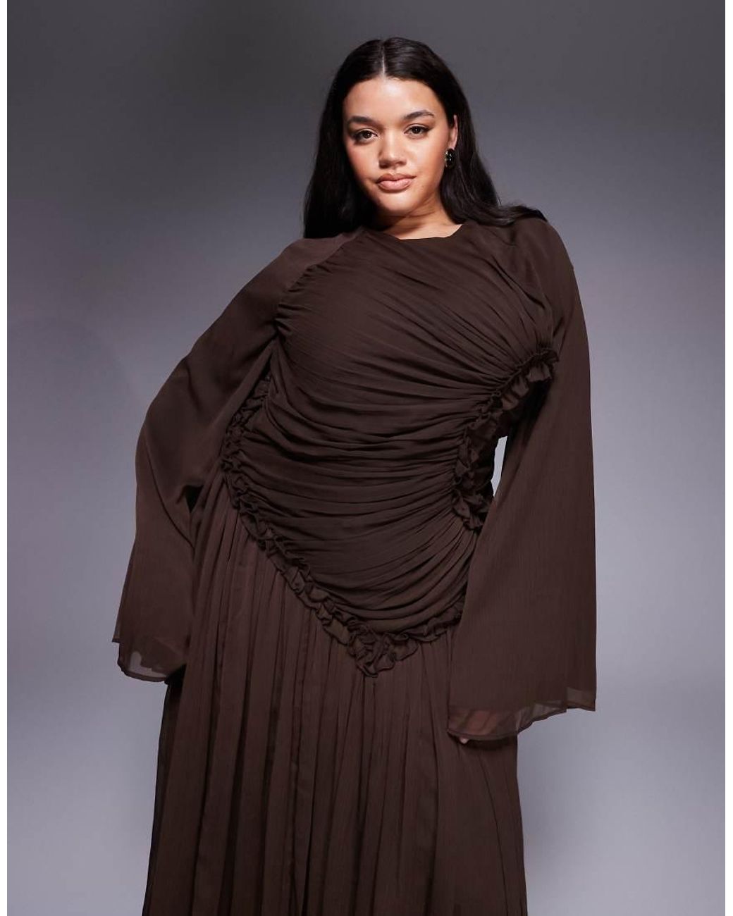 ASOS Brown Asos Design Curve Crinkle Chiffon Gathered Maxi Dress With Micro Ruffles