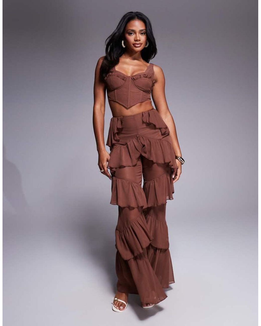 ASOS Brown Corset Cropped Top Co-ord With Ruffle Detail