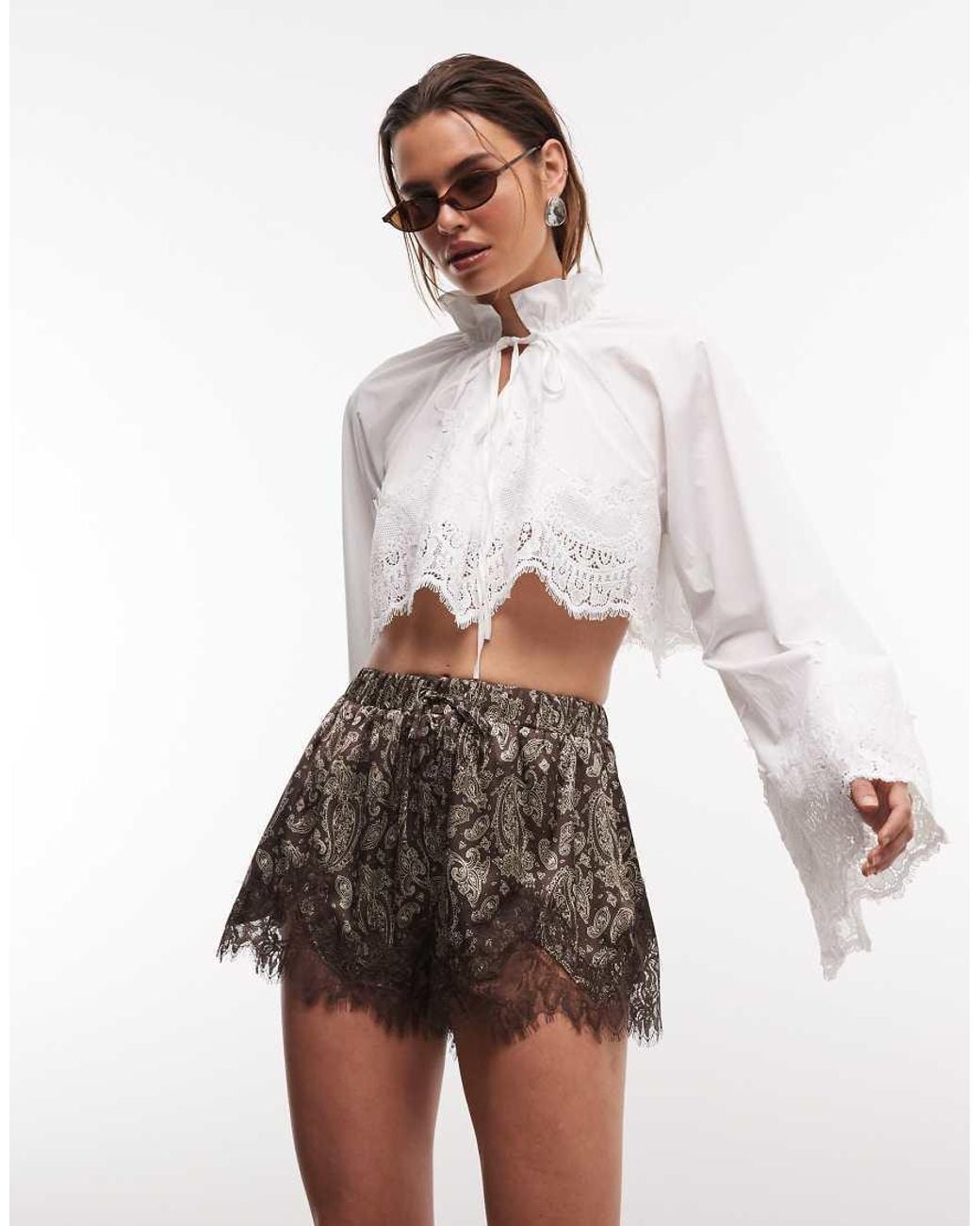 Noughts & Kisses White Flared Sleeve Scalloped Lace Hem Tie Detail Cropped Shirt