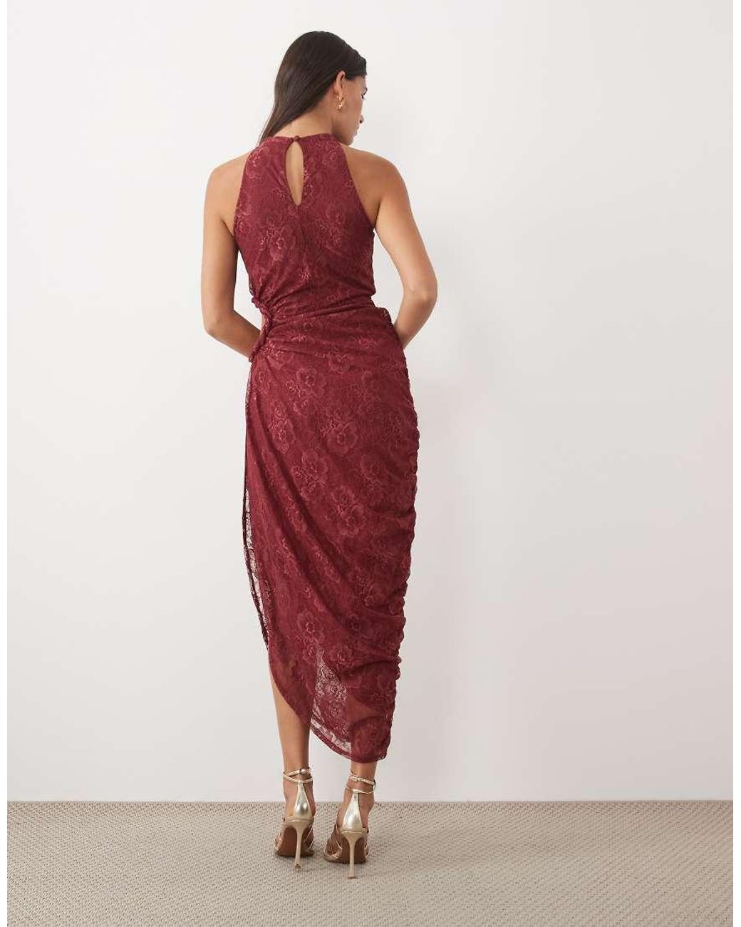 ASOS Red Lace Maxi Dress With Ruched Cut Out Detail