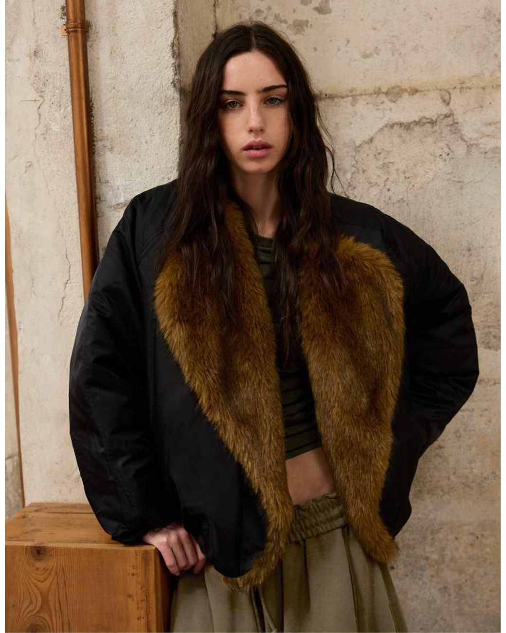 Stradivarius Brown Faux Fur Lapel Bomber Jacket