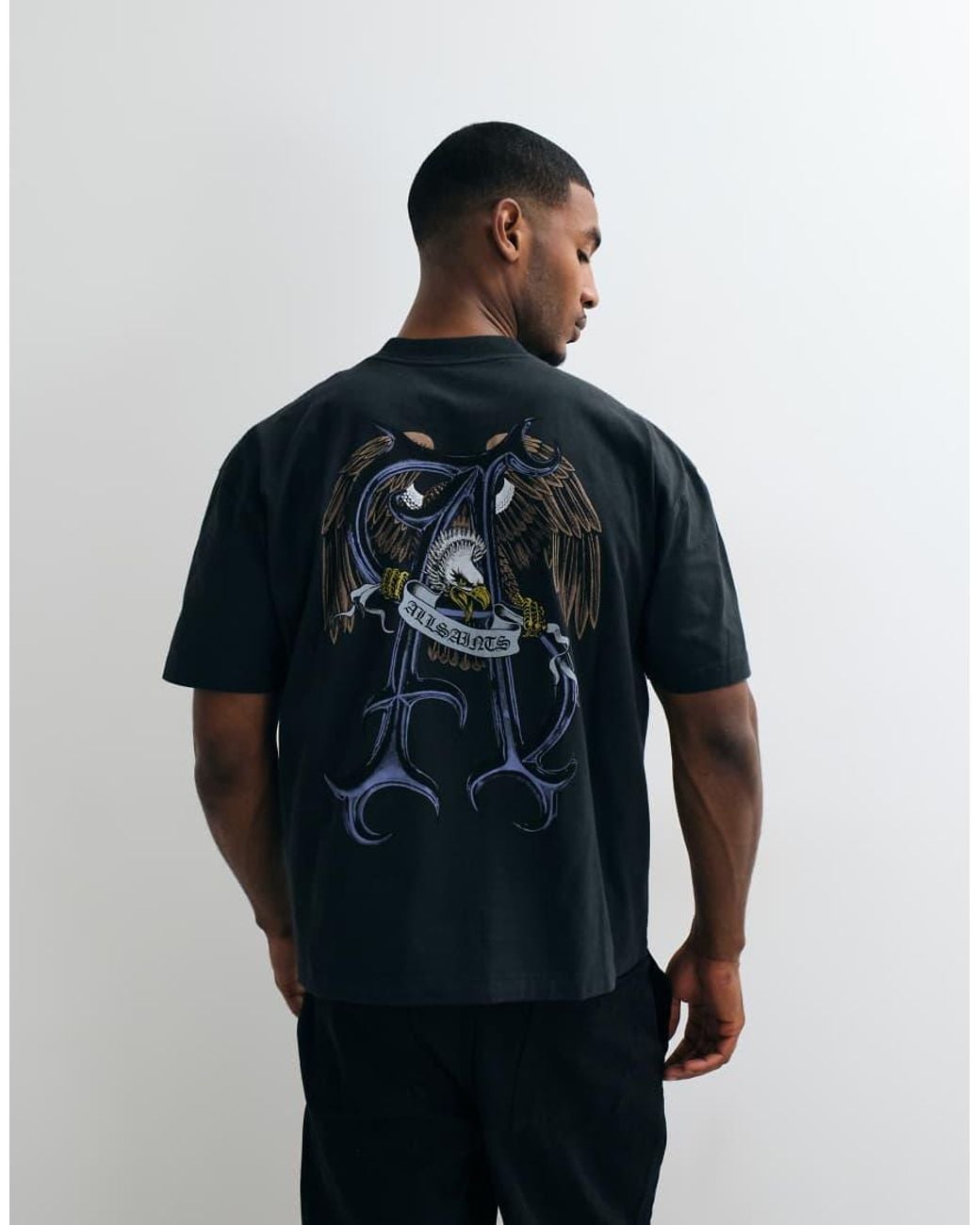 AllSaints Black Raptour Short Sleeve Graphic Logo T-Shirt With Back Print for men