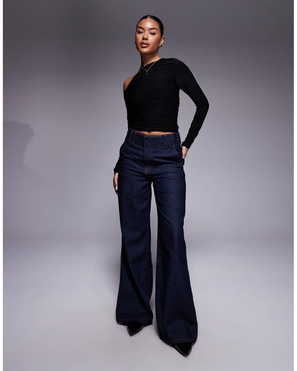 Kaiia Blue Exclusive Double Layered Slinky Off Shoulder Long Sleeve Top