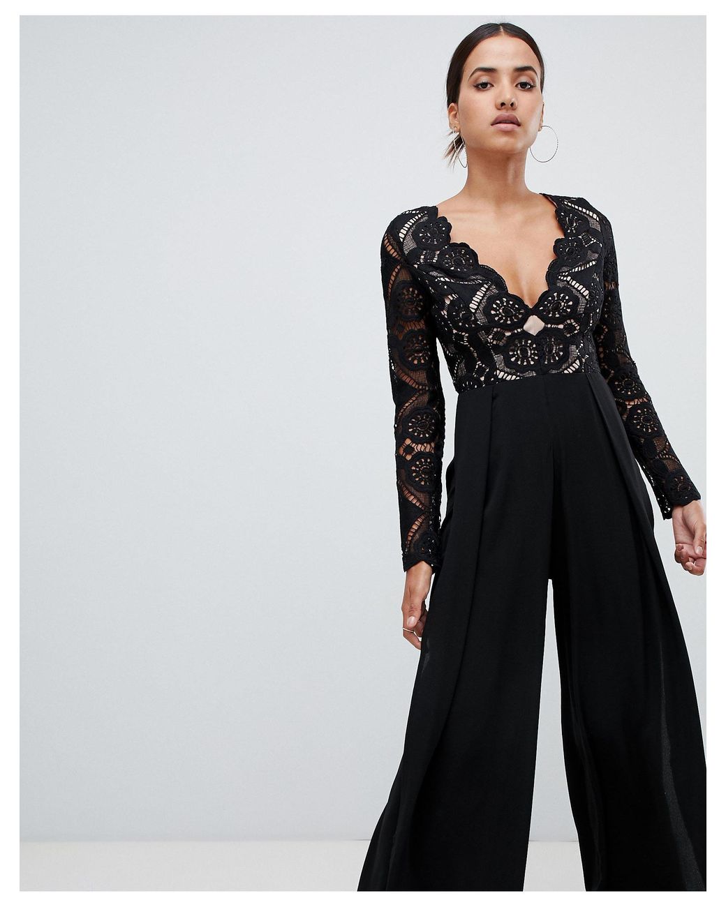 WMNS Sweetheart Style Cut Top Jumpsuit - Large Eyelash Lace Fabric Overlay  / Black