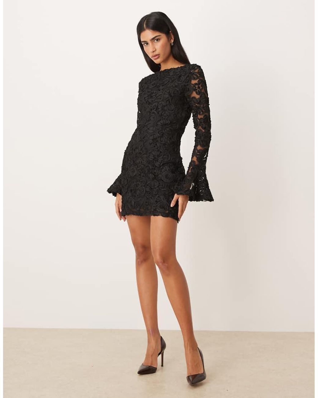 Gina Tricot Black Long Sleeve Embroidery Mini Dress With Open Back