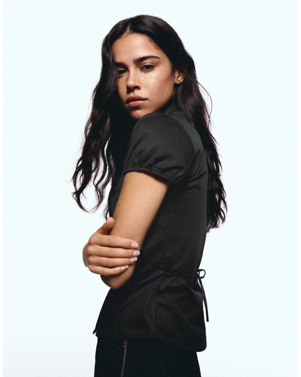 Bershka Black Short Sleeve Poplin Shirt With Bow
