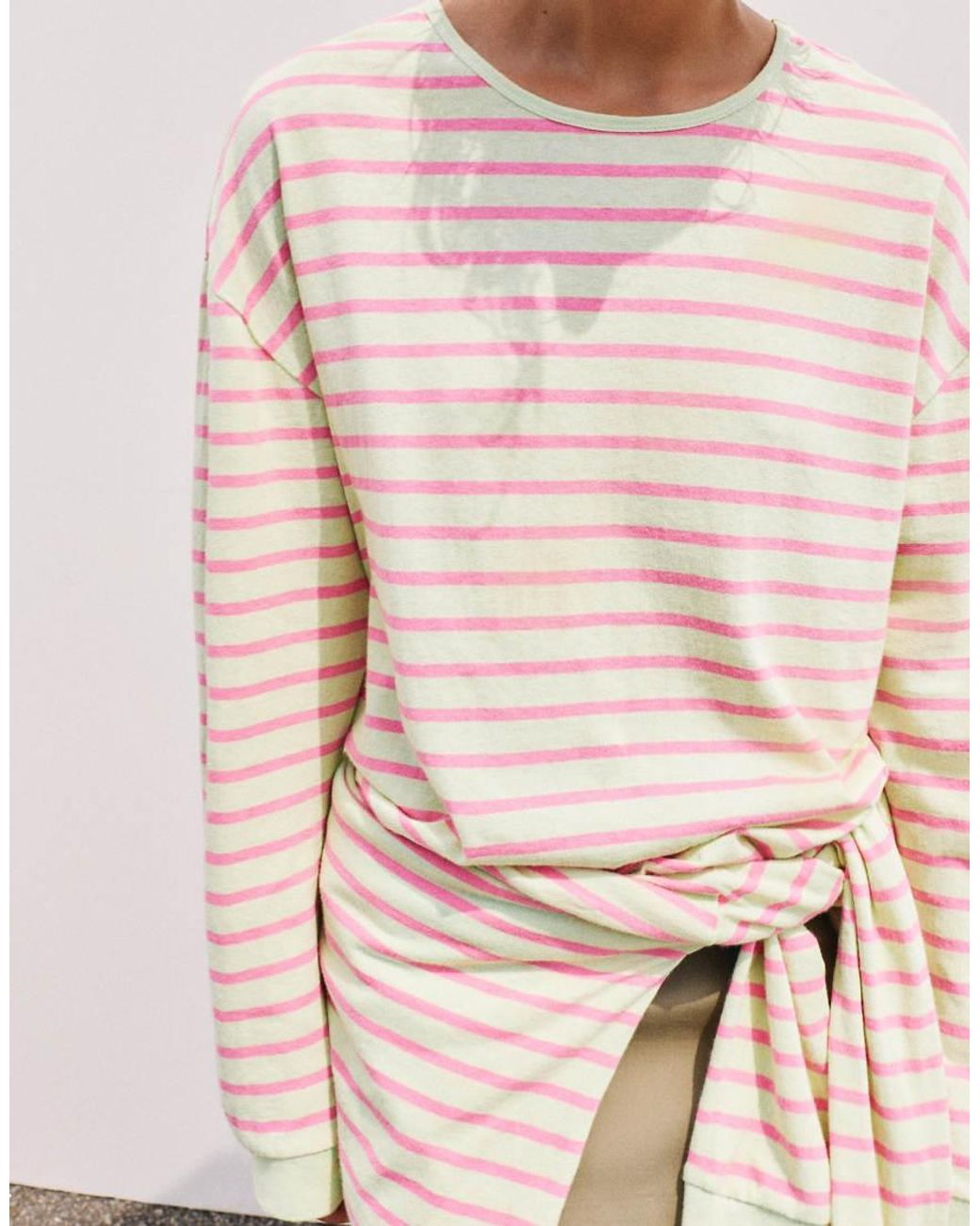 Pull&Bear Natural Oversize Long Sleeve Striped T-Shirt