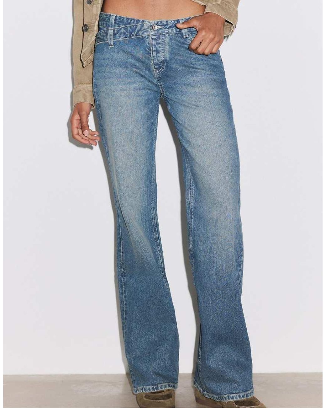 Stradivarius Blue Crossover Waistband Bell Bottom Jeans