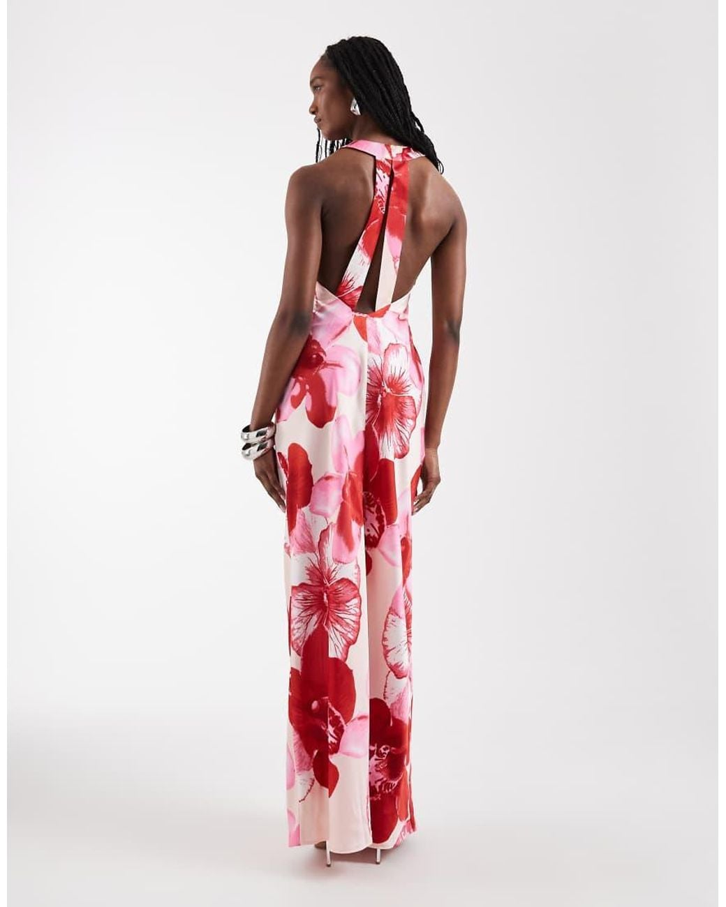 Vero Moda Red Sleeveless Open Back Satin Midi Dress With Overblown Floral Print