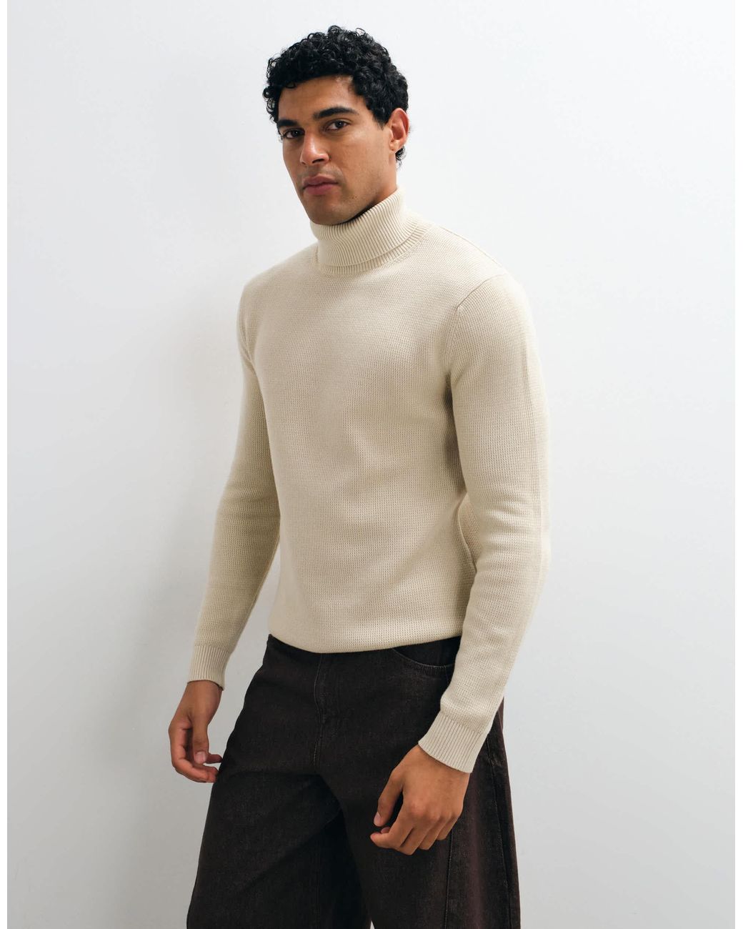 SELECTED Natural Ribbed Knit Turtleneck Sweater for men