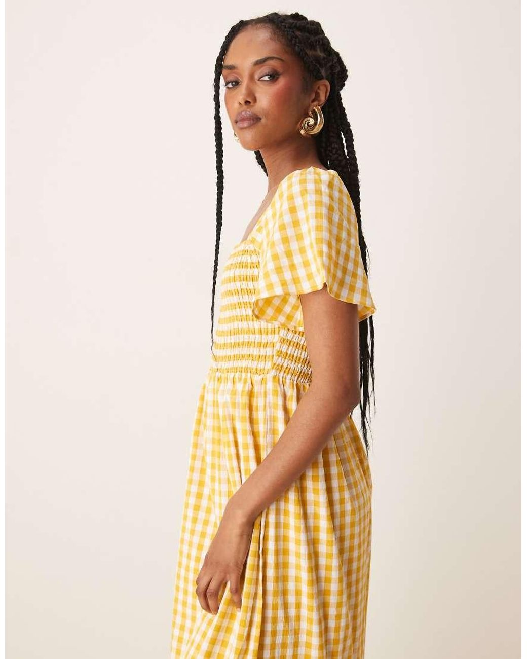 Lovedrobe Natural Gingham Square Neck Short Sleeve Midaxi Dress