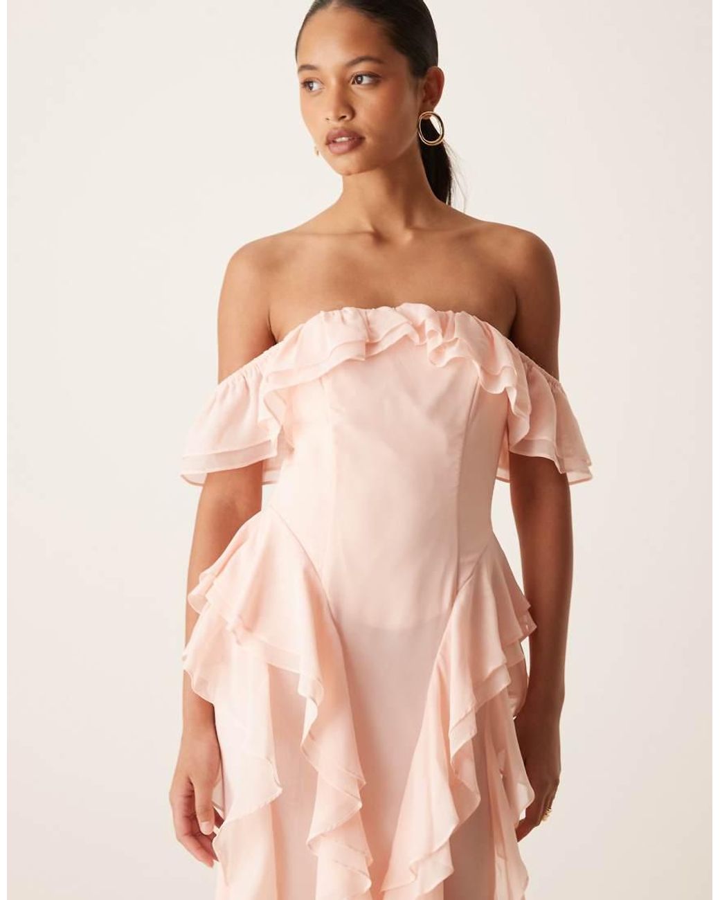 True Decadence Pink Bardot Ruffle Maxi Dress