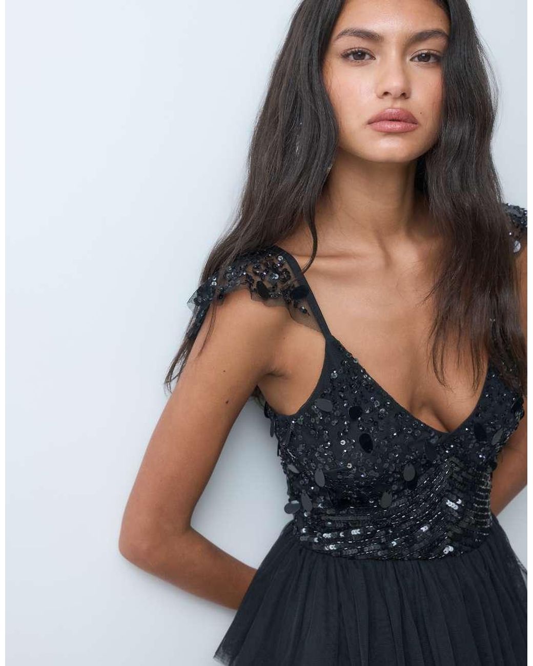 LACE & BEADS Blue Embellished Plunge Neck Cami Flutter Sleeve Tiered Skirt Maxi Dress