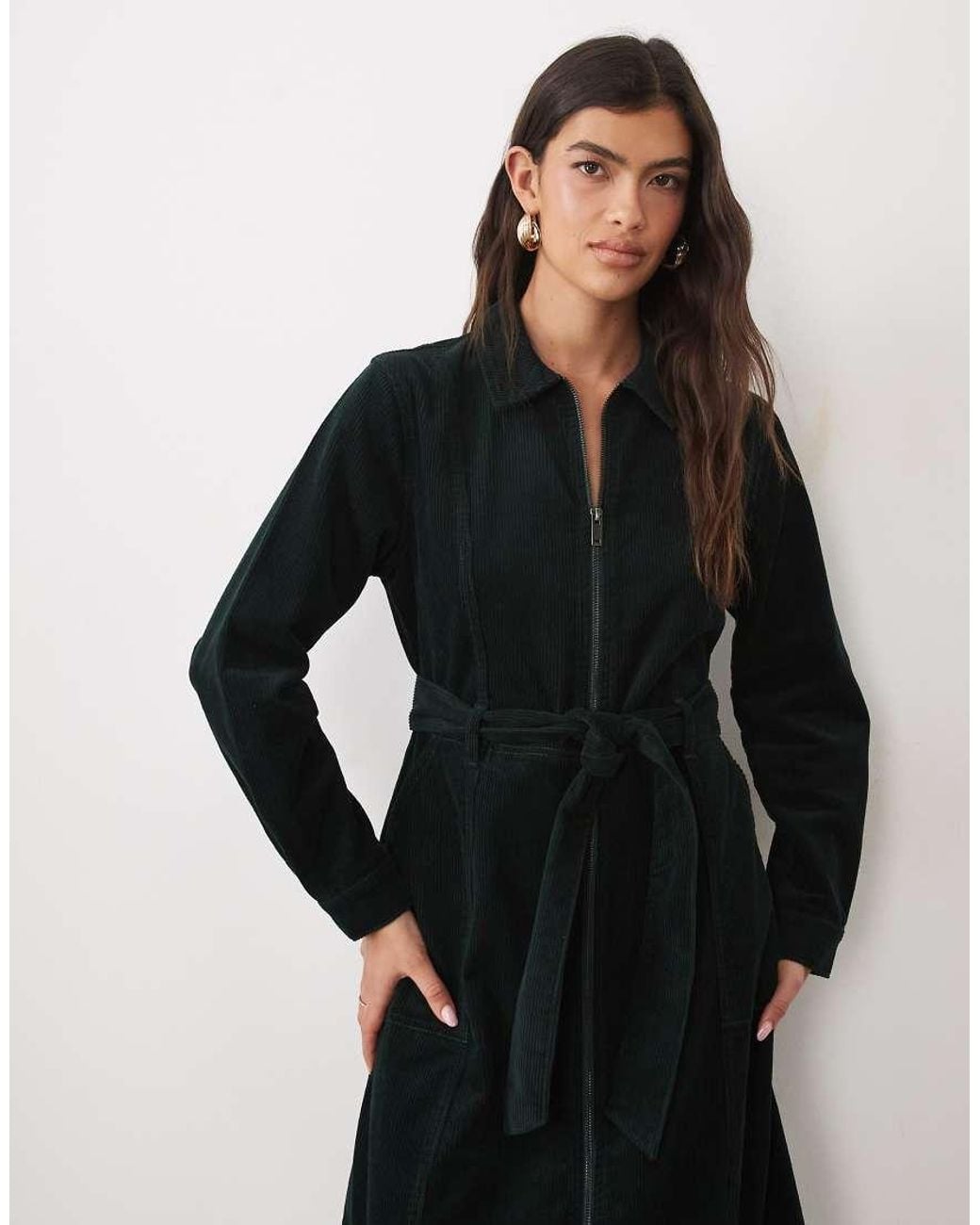 Nobody's Child Black Kai Cord Spread Collar Zip Down Belted Midi Dress