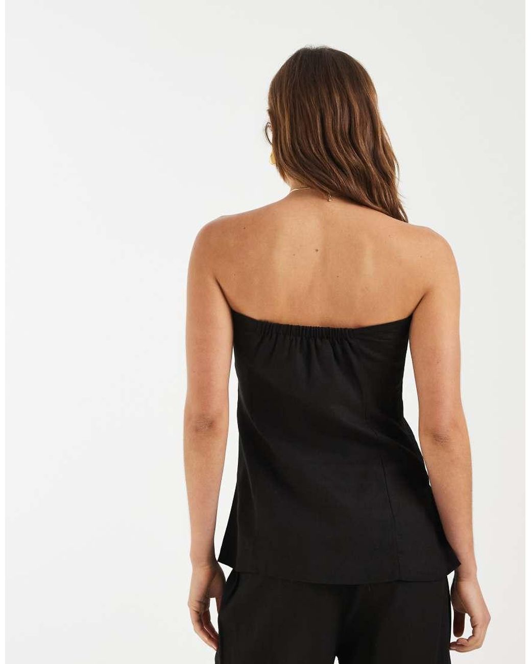 Pieces Black Linen-mix Bandeau Longline Top