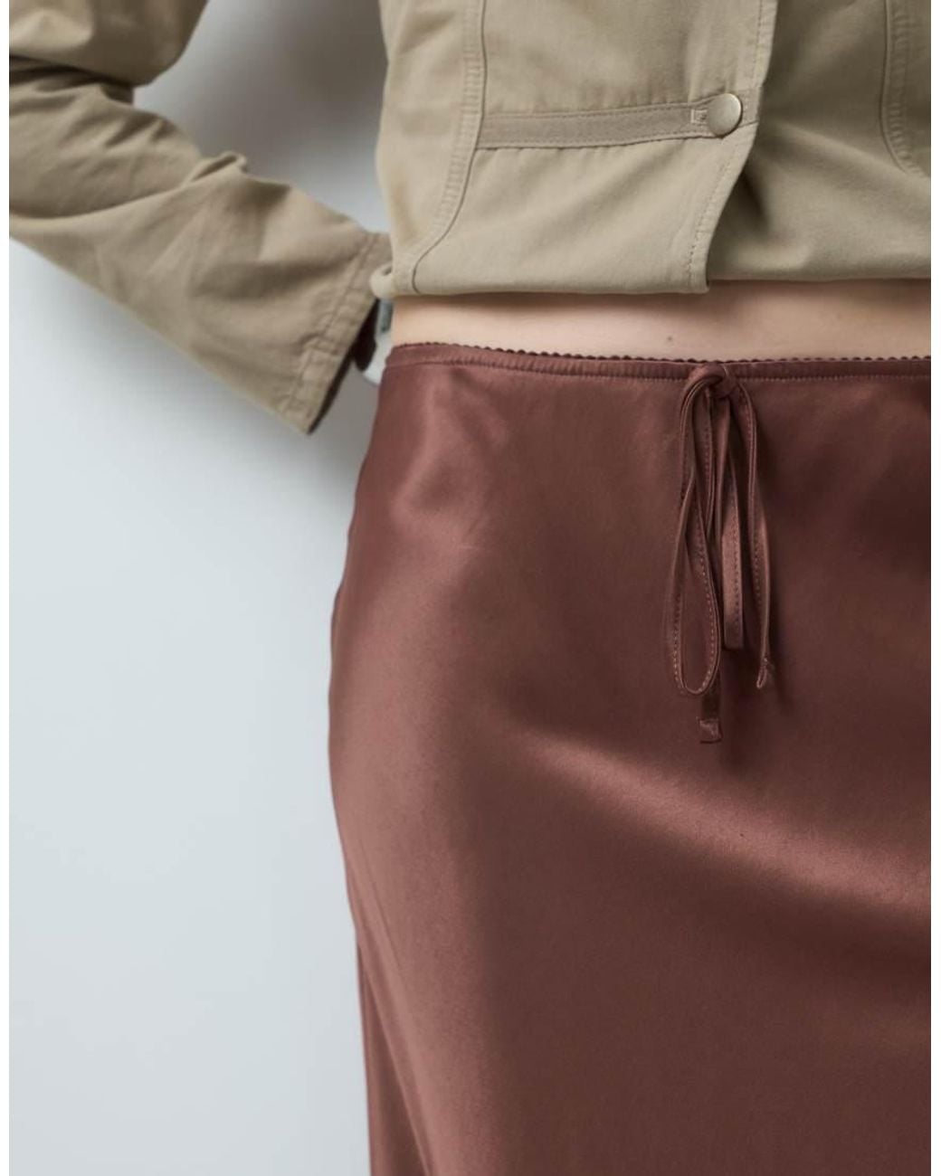 Reclaimed Vintage Natural Awkward Length Satin Midi Skirt With Lace Trim