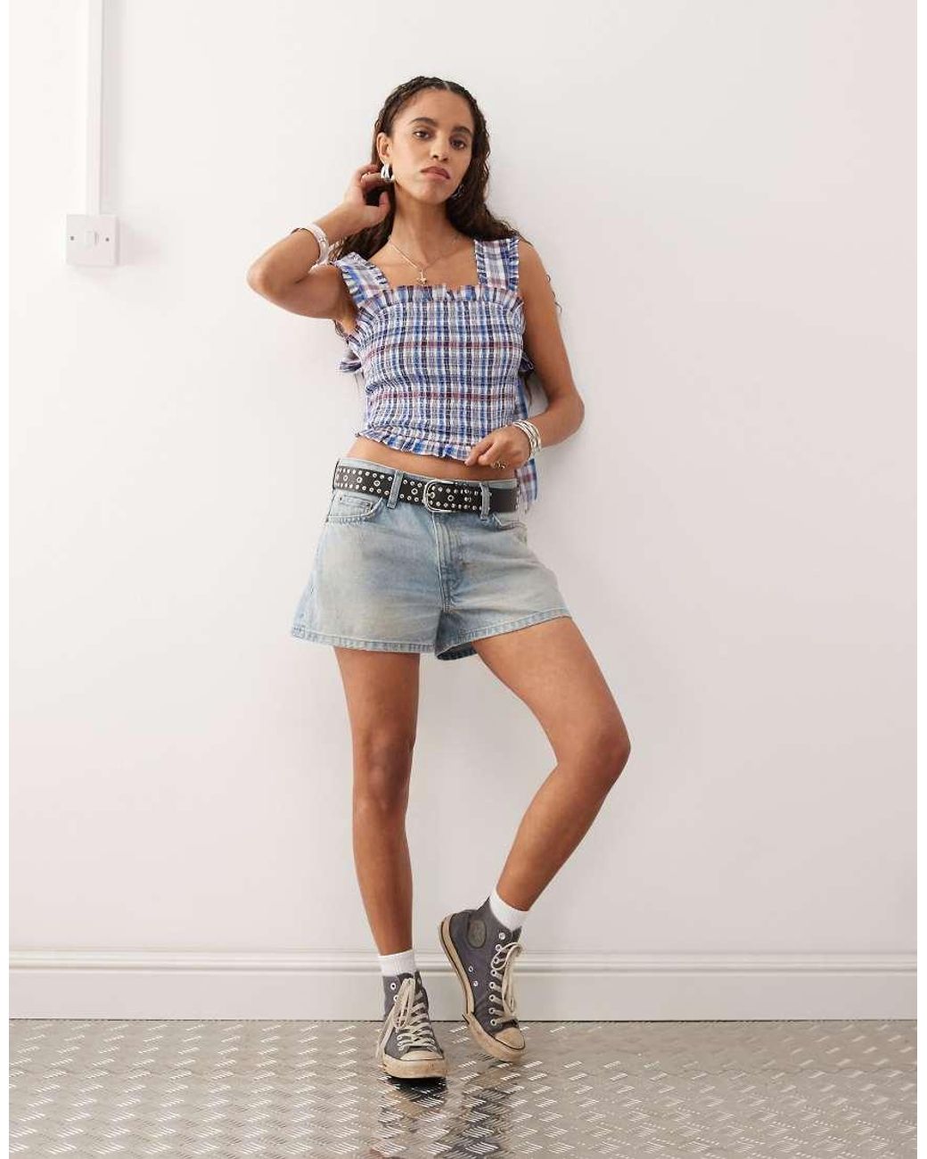 Collusion Blue Shirred Check Cami Top
