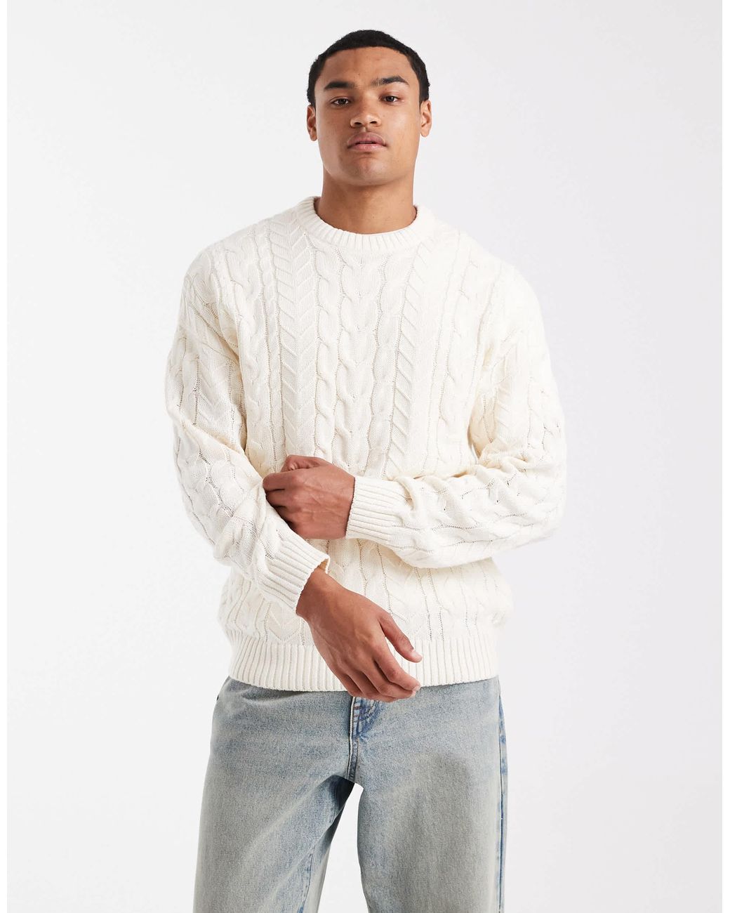 Only & Sons White Relaxed Cable Knit Jumper for men