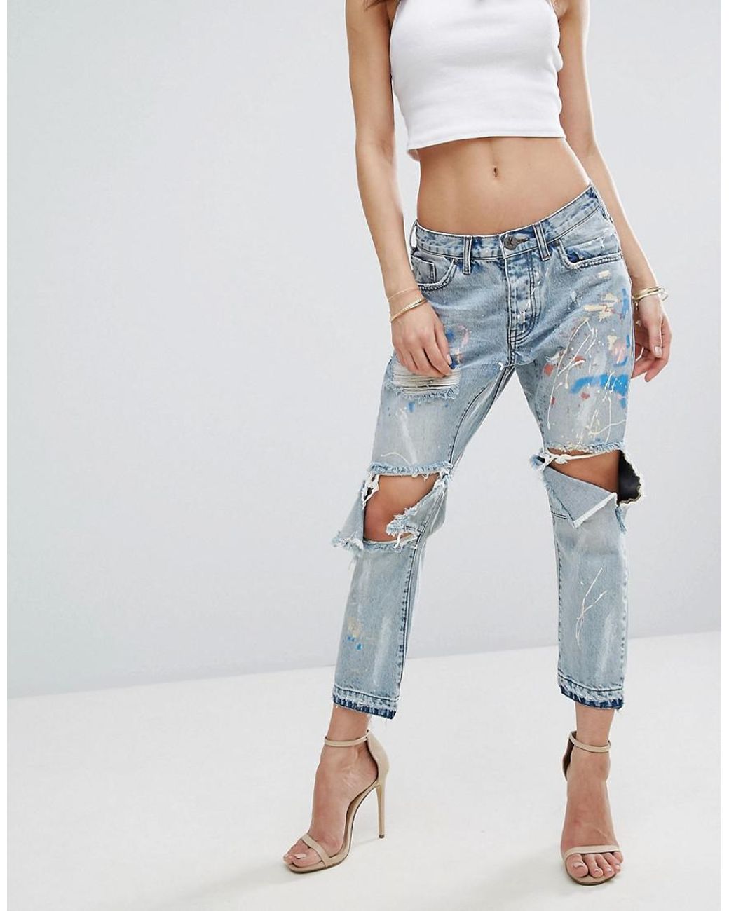 One Teaspoon Artiste Saints Low Waist Boyfriend Jean With Paint Detail And  Rips in Blue | Lyst