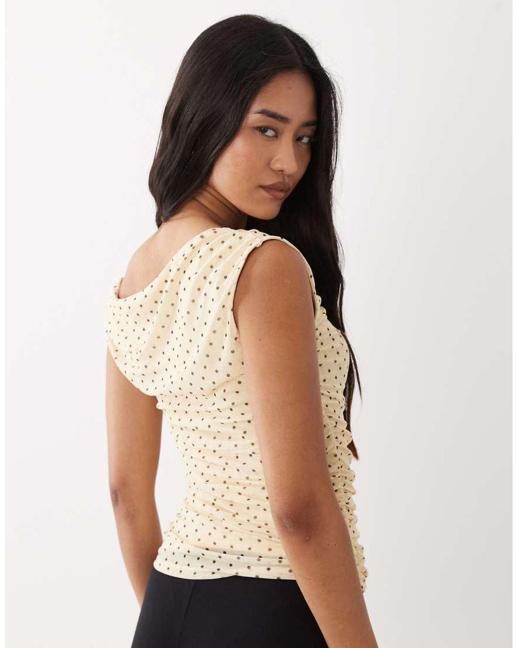 JJXX Brown Ruched Sheer Mesh Top
