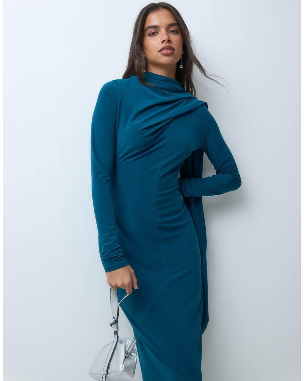 ASOS Blue Slinky Long Sleeve High Neck Scarf Detail Maxi Dress