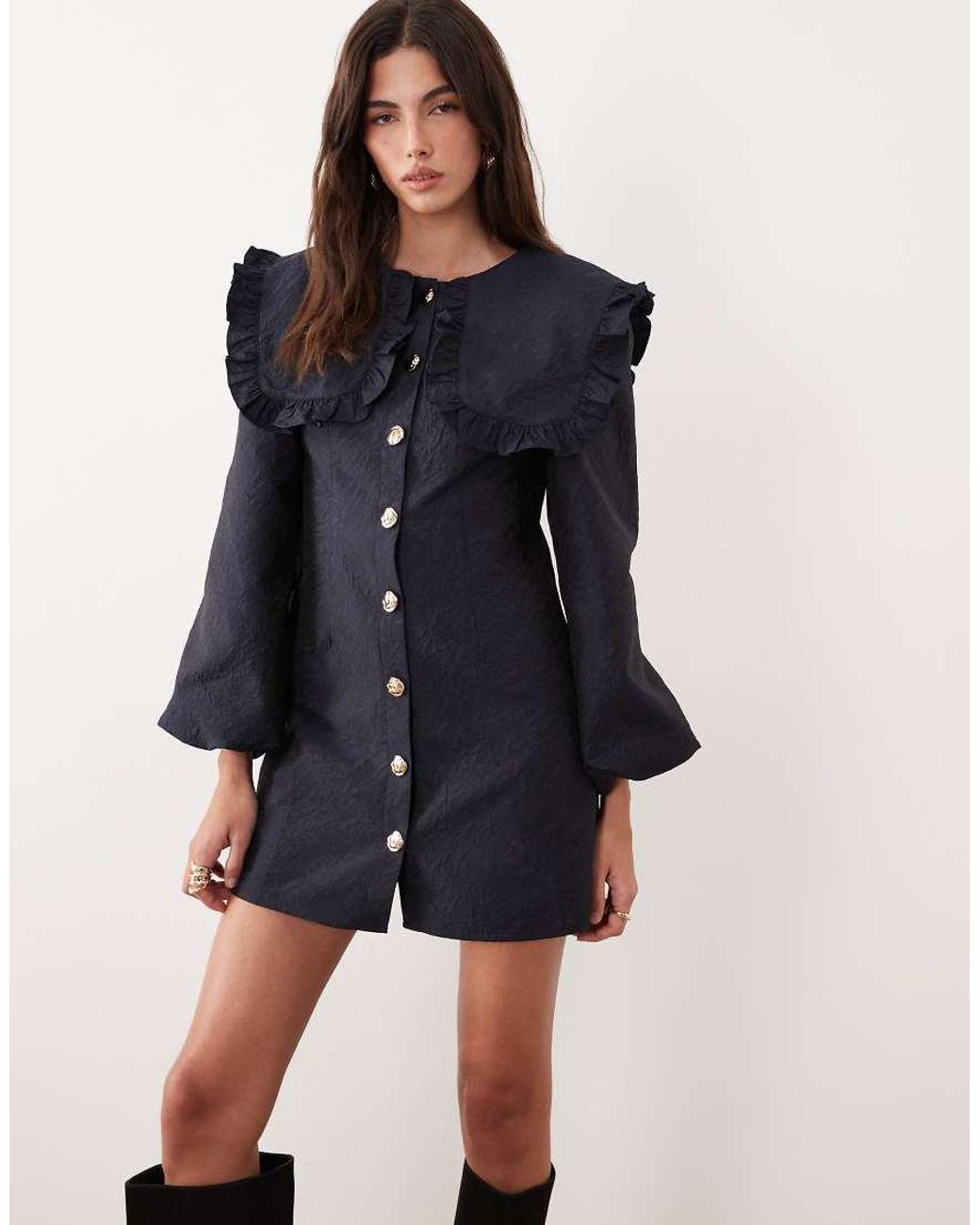 Ghospell Blue Oversized Collar Balloon Sleeve Mini Dress