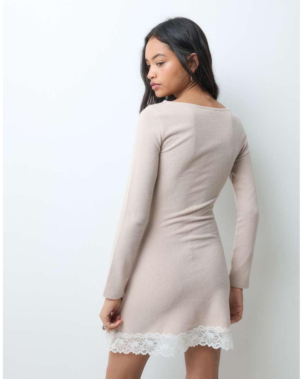 Miss Selfridge White Mini Dress With Flare Sleeve And Lace Trim