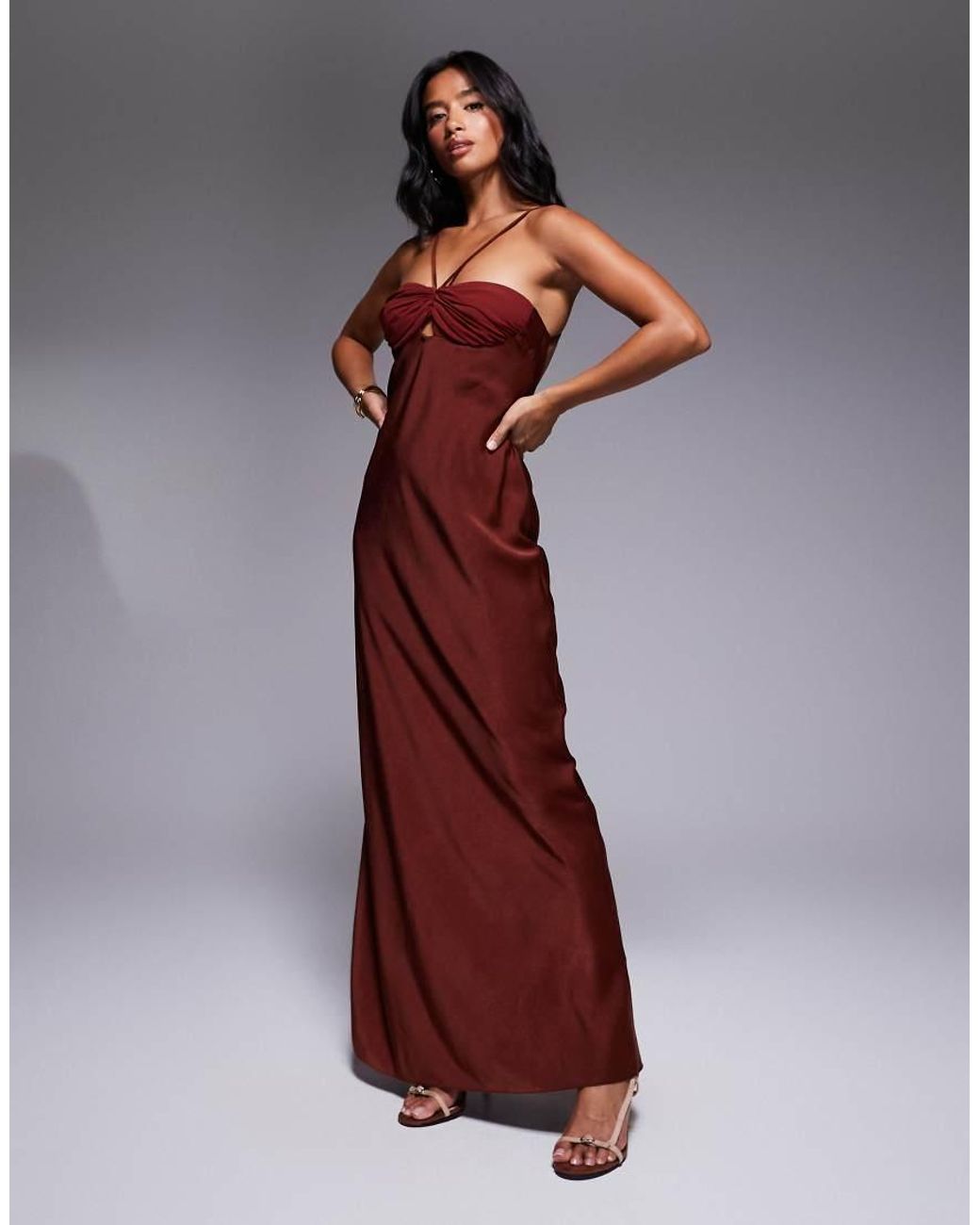 ASOS Brown Asos Design Petite Satin Strappy Halter Maxi Dress With Contrast Bust