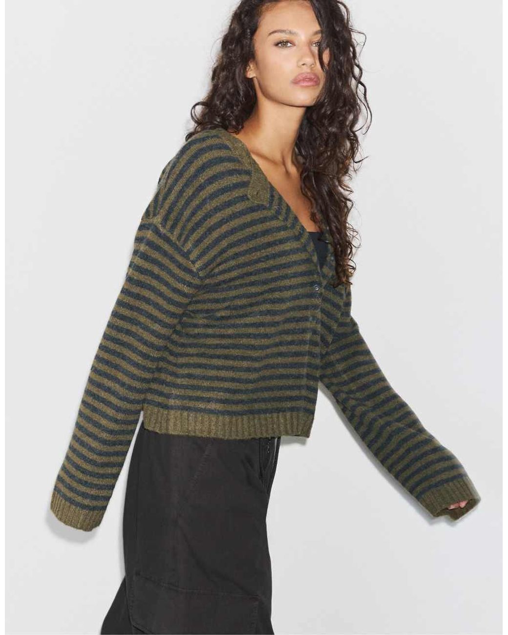 Stradivarius Green Striped Knit Cardigan