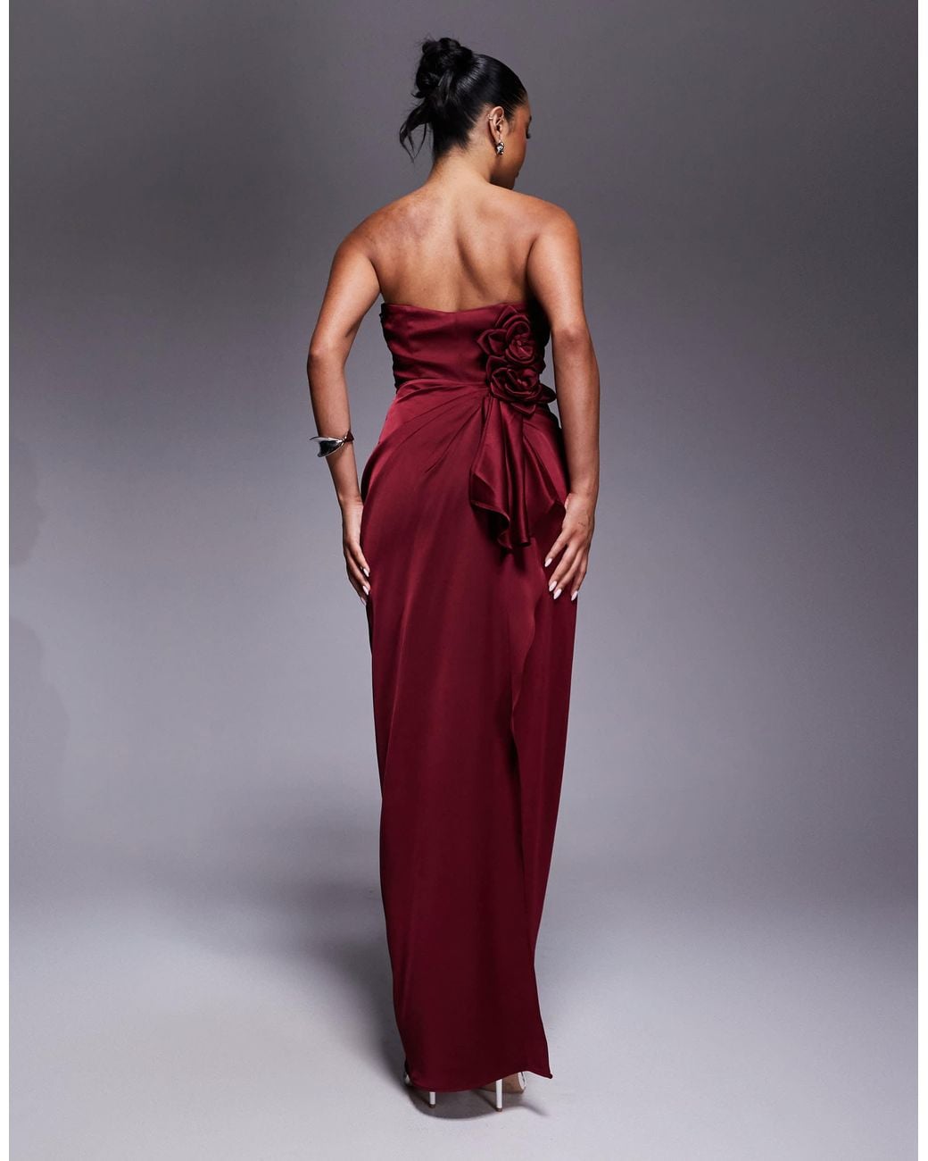 Jarlo Bandeau Satin Maxi Dress With Bow Back in Red | Lyst