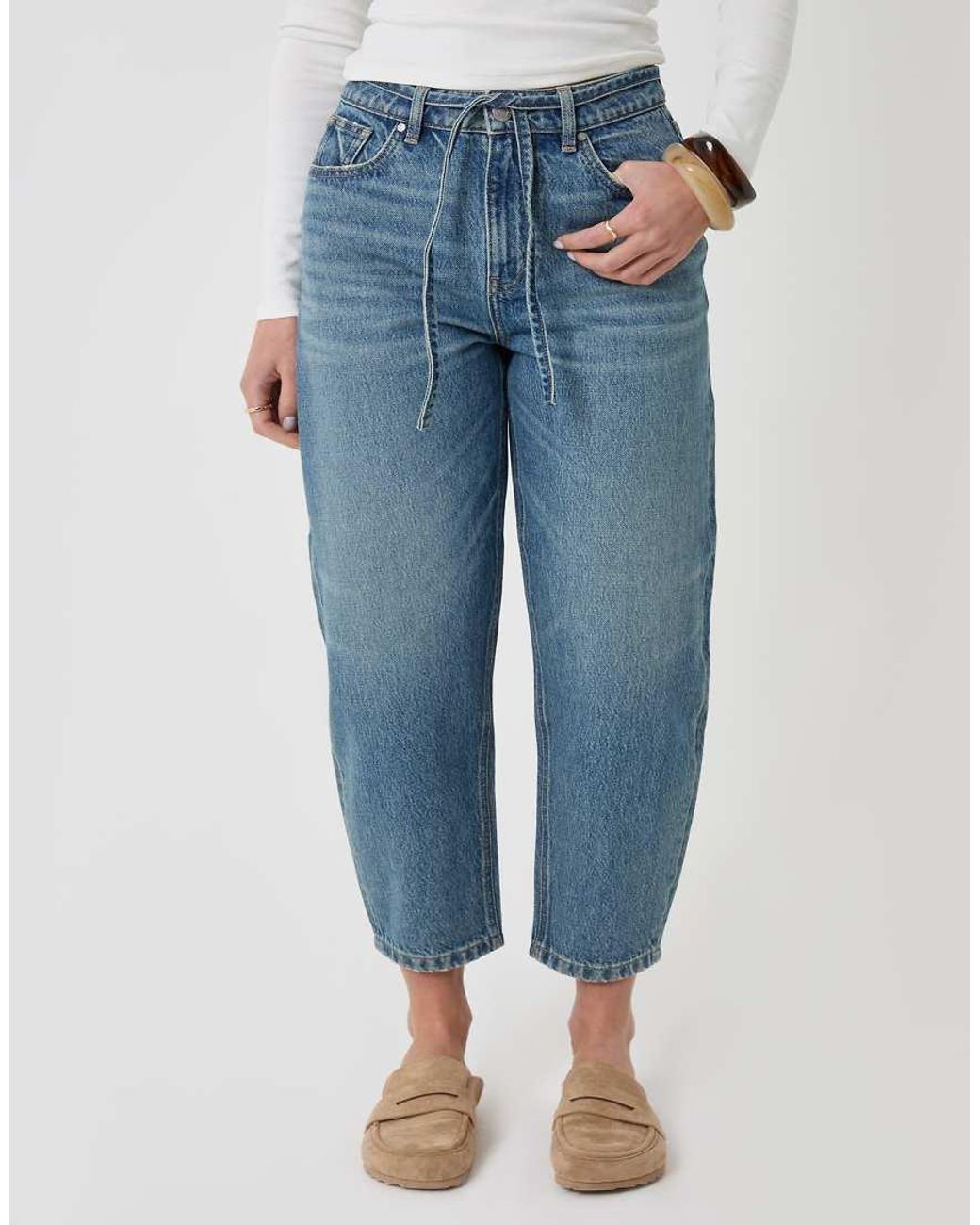 Threadbare Blue Petite Tie Belt Barrel Leg Jeans