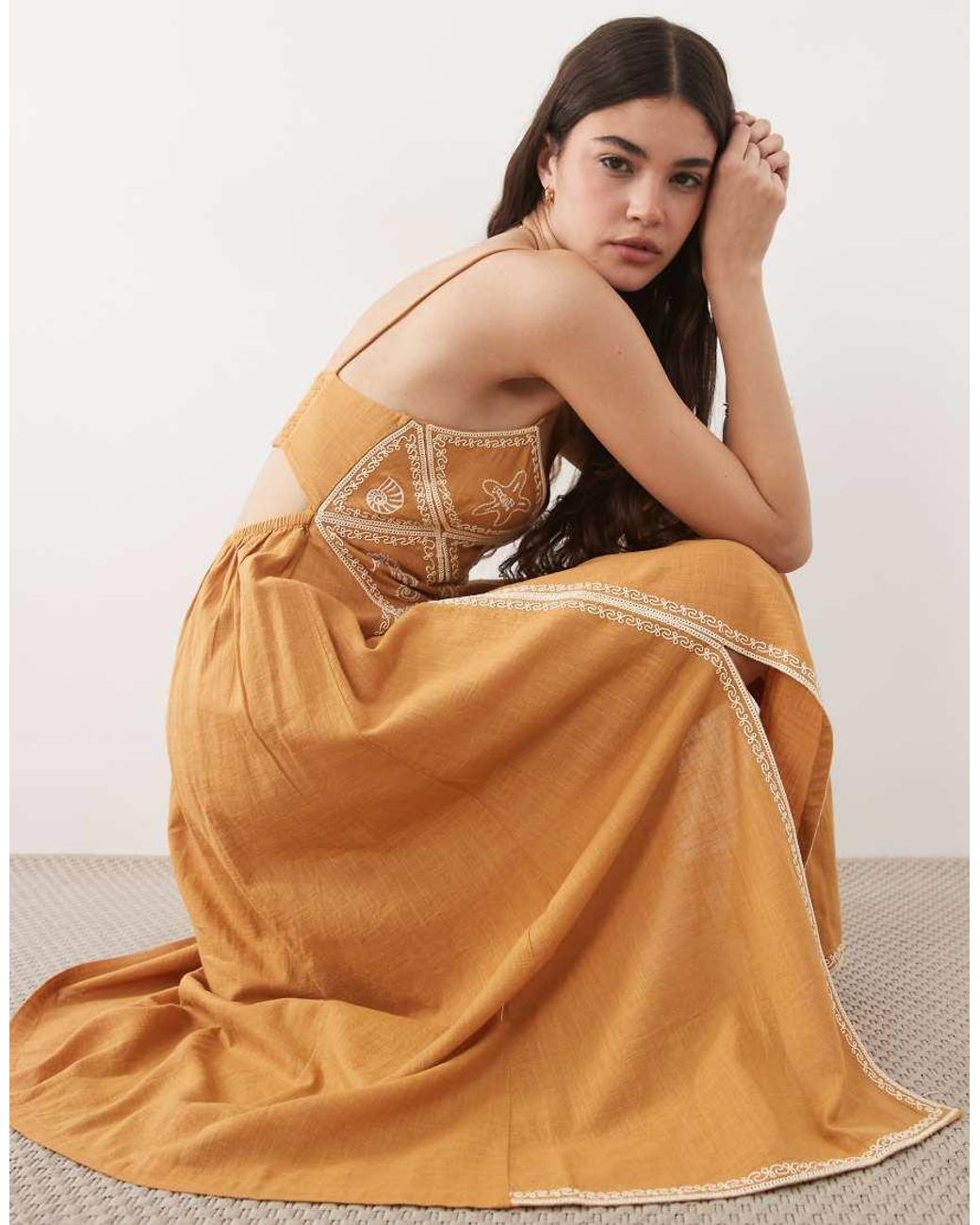 New Look Brown Shell Embroidered Midi Dress