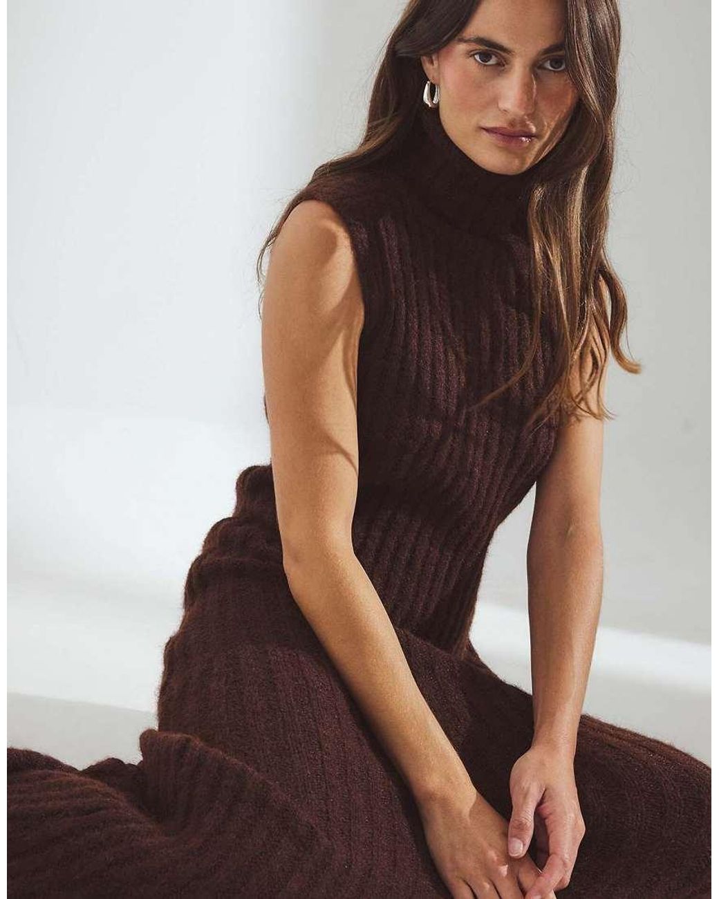NA-KD Brown Knitted Wool Blend Turtleneck Maxi Dress