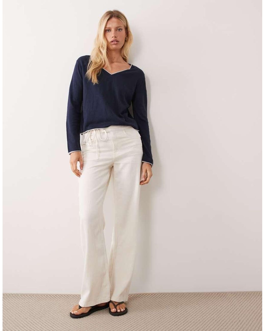 Mango Blue Teen V Neck Jumper With Contrast Trim