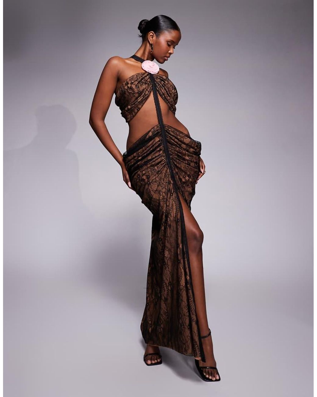 The Dolls House Purple Karlie Draped Lace Cut-out Maxi Dress With Corsage Detail