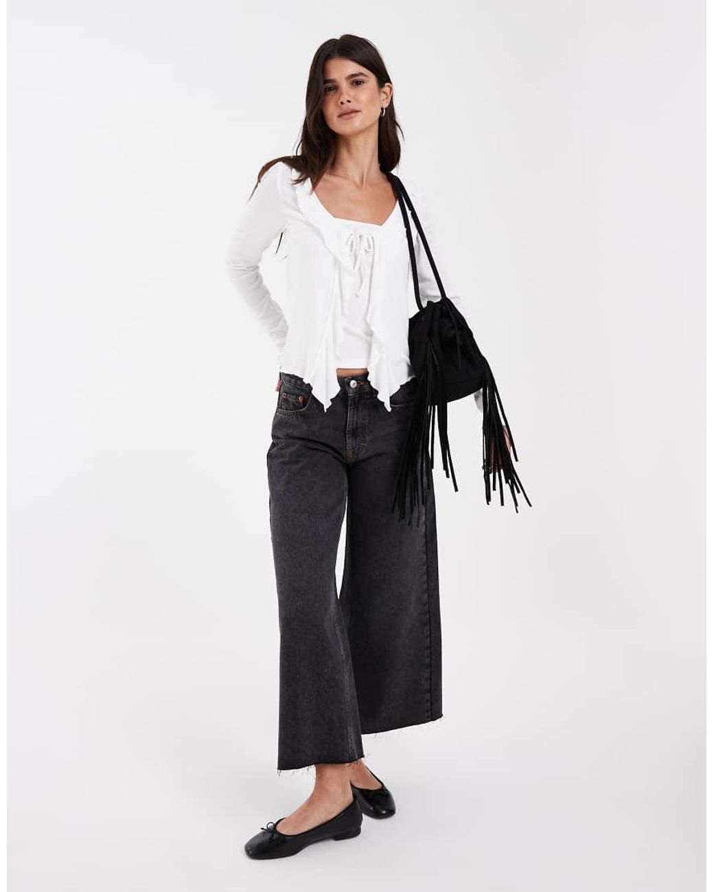 JJXX White Rib Long Sleeve Tie Front Top